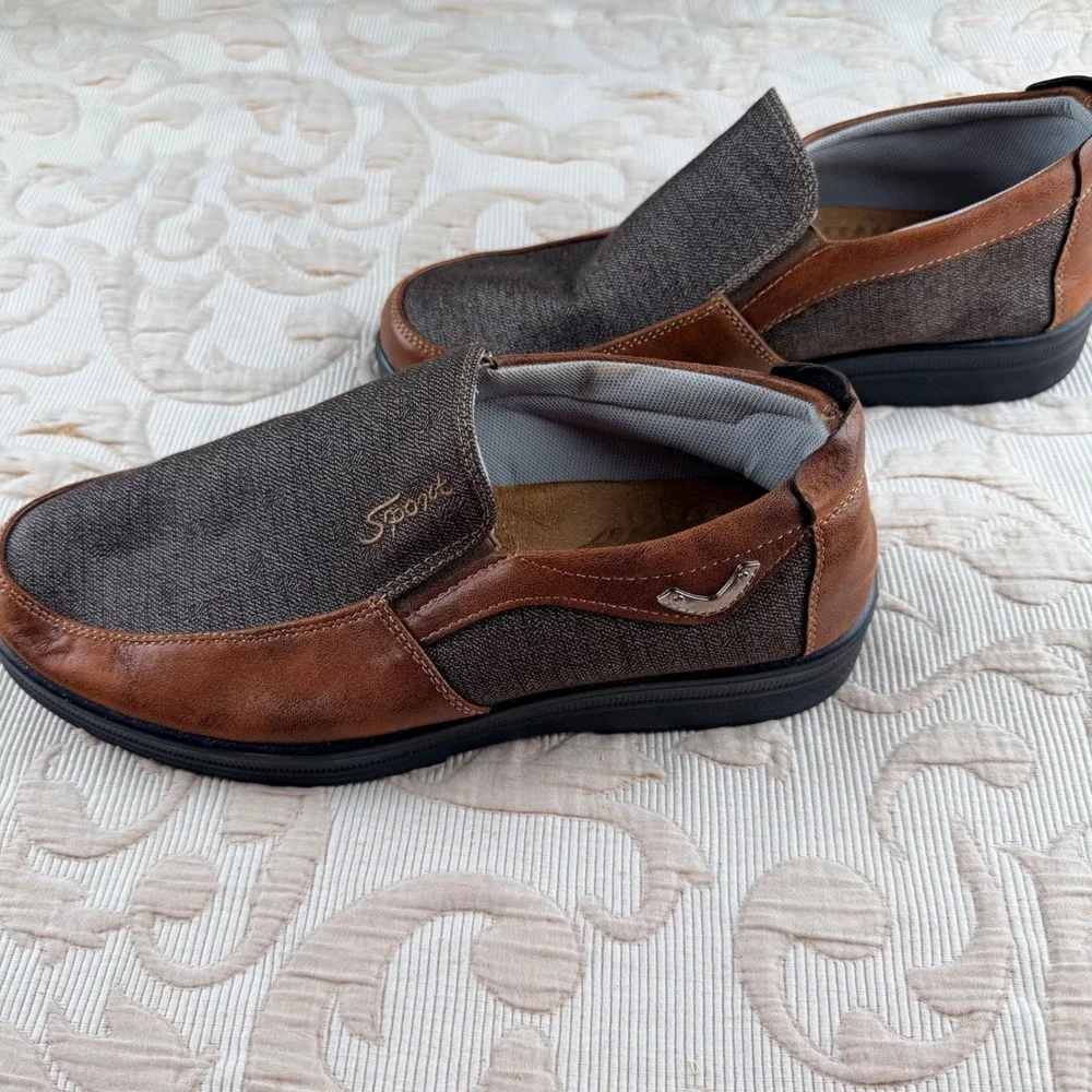Sport Mens Slip On Loafers Casual Walking Shoes Brown Faux Leather Fabric Mix 9M